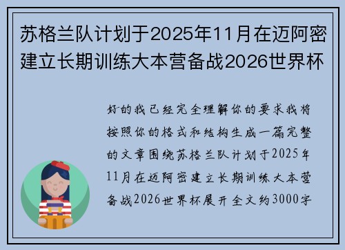 苏格兰队计划于2025年11月在迈阿密建立长期训练大本营备战2026世界杯