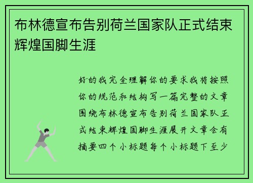 布林德宣布告别荷兰国家队正式结束辉煌国脚生涯